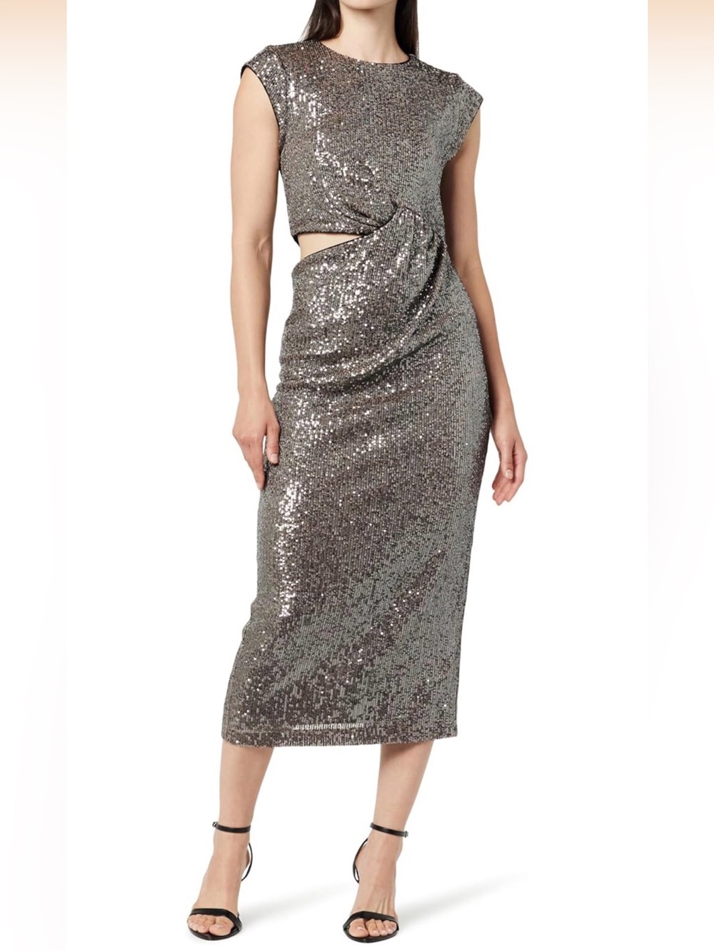 The Drop Silver Pewter Sequin Side Cutout Midi Dress Padma XS Party Cocktail NWT